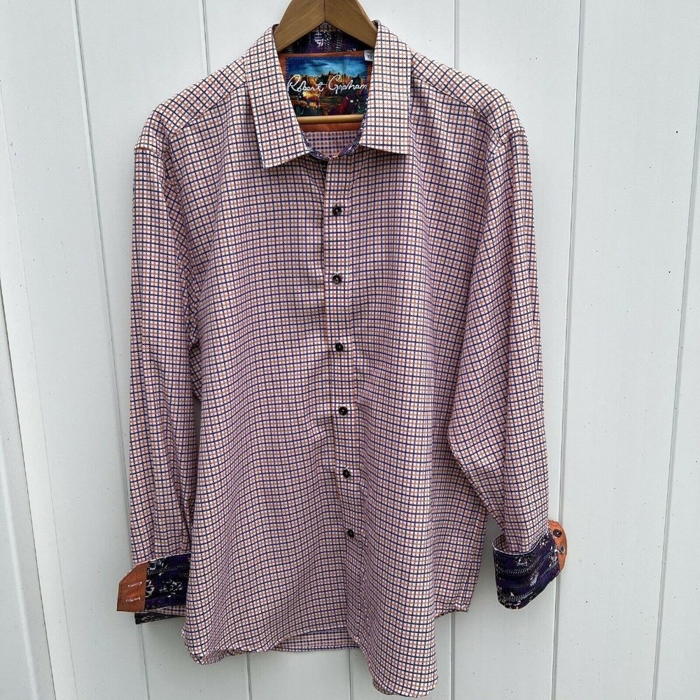 Robert Graham Men's 2XL Dress Shirt Purple Orange Check Cotton Flip Cuff Classic